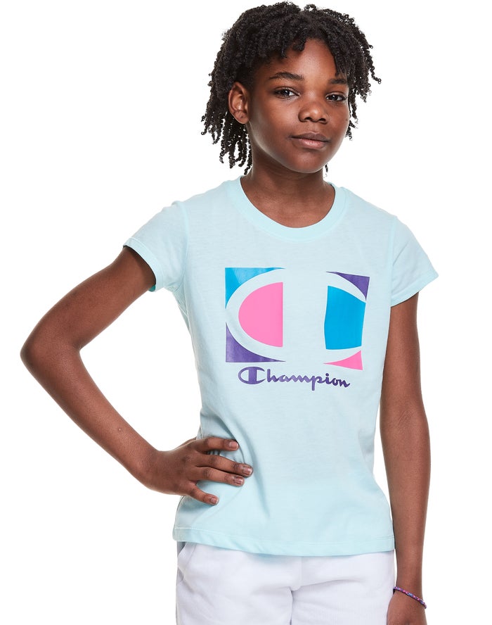 Champion Classic Graphic Colorblock Logo Kiz Çocuk Tişört Açık Mavi ( QZIEPW743 )